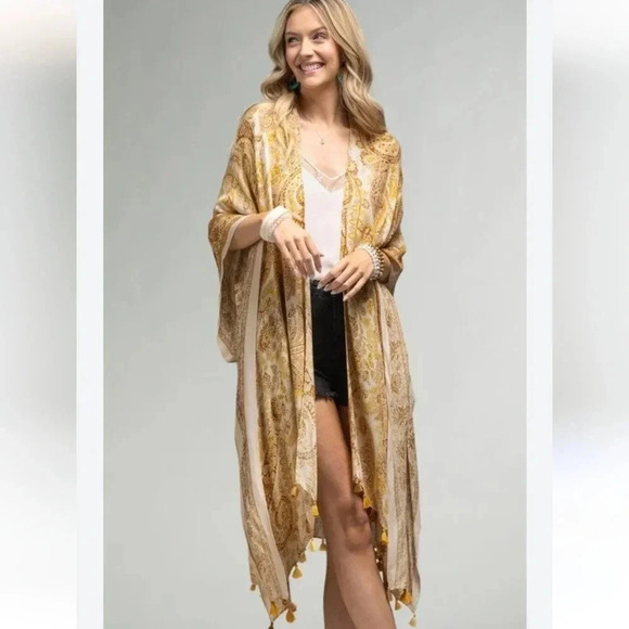 Boho Print Kimono Wrap Coverup Tassel Trim Mustard New - Picture 3 of 3